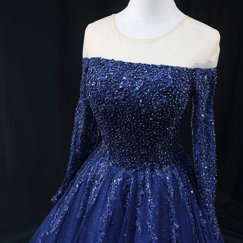 Gothic Navy Blue Off-Shoulder Wedding Dress - Designer Sequin Gown - Long Sleeve Wedding Dress Plus Size